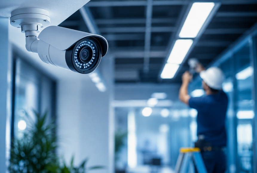 Technician installing a security camera.